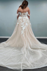 Elegant Tulle Off-the-Shoulder Ivory Long Plus Size Wedding Dress with Appliques