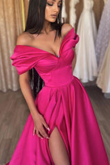 Elegant V Neck Prom Dress Off the Shoulder Satin Long Formal Evening Dress