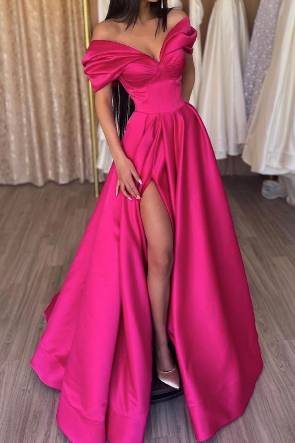 Elegant V Neck Prom Dress Off the Shoulder Satin Long Formal Evening Dress