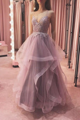 Elegant V Neck Tulle Lace Long Formal Dress Evening Dress
