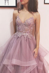 Elegant V Neck Tulle Lace Long Formal Dress Evening Dress