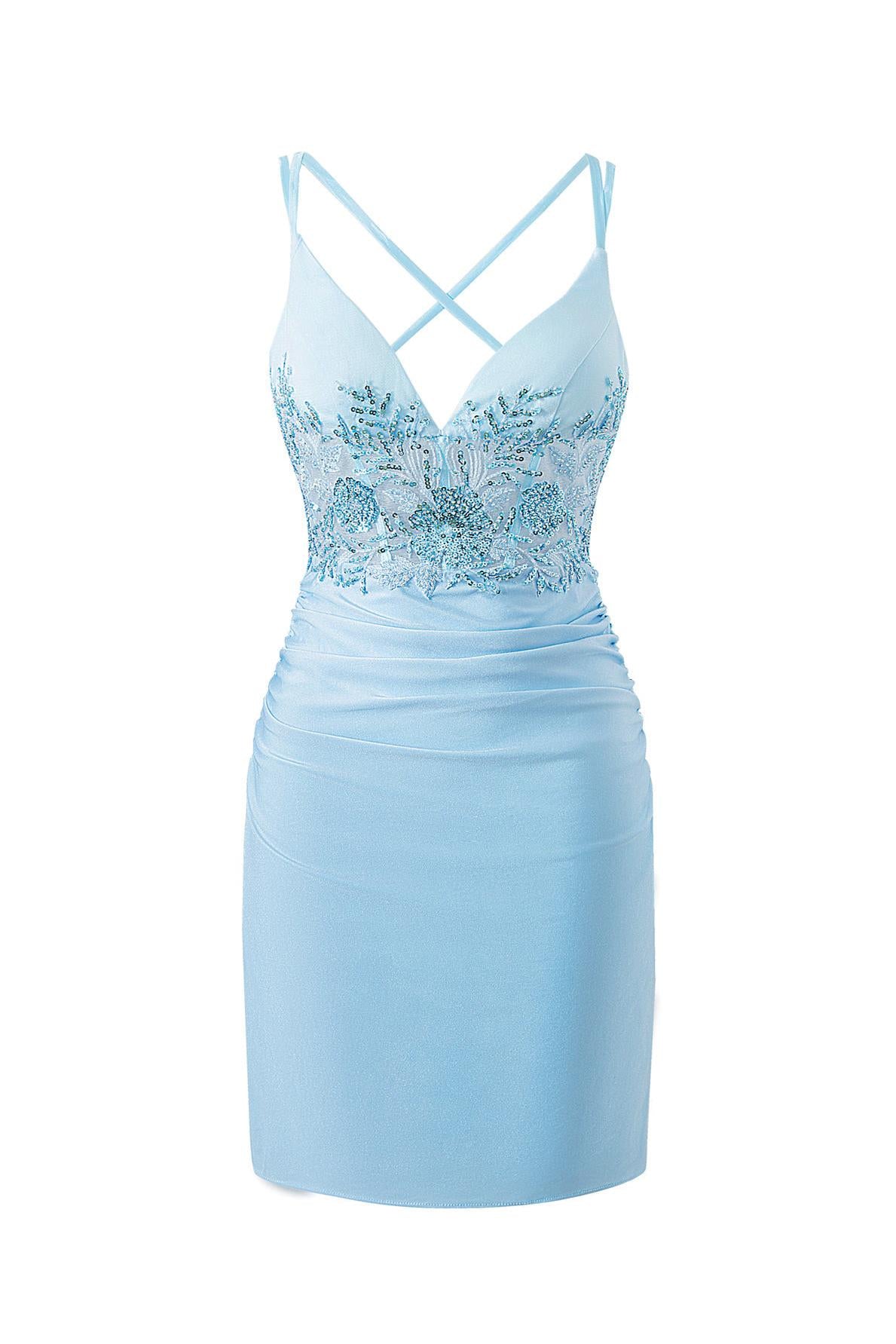 Ella Homecoming Dress Blue Pretty Bodycon V neck Jersey Short Party Cocktail Dress