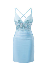 Ella Homecoming Dress Blue Pretty Bodycon V neck Jersey Short Party Cocktail Dress