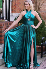 Emerald Green Prom Dress Metallic Key Hole Pleated Gown Evening Dress With Split