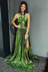 Emerald Green Prom Dress Metallic Key Hole Pleated Gown Evening Dress With Split