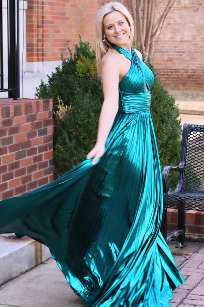 Emerald Green Prom Dress Metallic Key Hole Pleated Gown Evening Dress With Split
