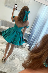 Emerald Off The Shoulder Homecoming Dresses Satin Short Corset Cocktail Dresses With Ruffles