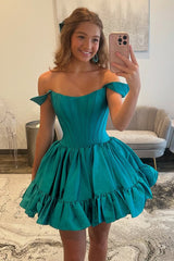 Emerald Off The Shoulder Homecoming Dresses Satin Short Corset Cocktail Dresses With Ruffles