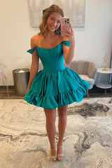 Emerald Off The Shoulder Homecoming Dresses Satin Short Corset Cocktail Dresses With Ruffles