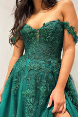 Emerald Prom Dress Appliques Off the shoulder A Line Long Evening Dress
