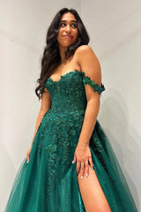 Emerald Prom Dress Appliques Off the shoulder A Line Long Evening Dress