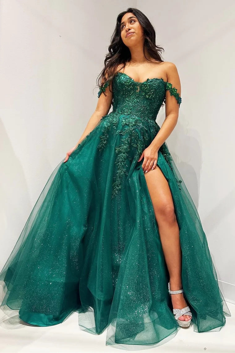Emerald Prom Dress Appliques Off the shoulder A Line Long Evening Dress