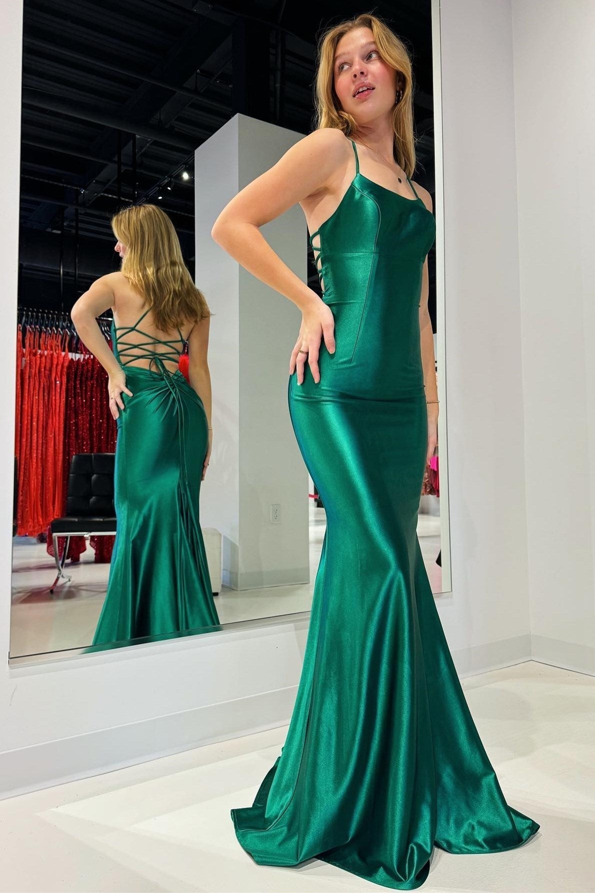 Emerald Prom Dress Scoop Neck Lace Up Mermaid Long Prom Gown Evening Dress