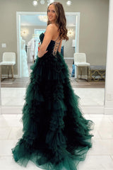 Emerald Prom Dress Sweetheart Neck Lace Up Ruffle Prom Gown Evening Dress With Split