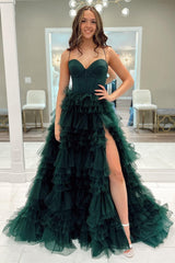 Emerald Prom Dress Sweetheart Neck Lace Up Ruffle Prom Gown Evening Dress With Split