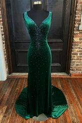 Emerald Velvet Formal Dress V Neck Cutout Back Mermaid Long Evening Dress