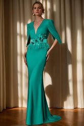 Evening Dresses with V-Neck and 3/4 Sleeves Featuring Embroidery Belt & Feather in Trumpet/Mermaid Style