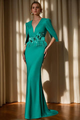 Evening Dresses with V-Neck and 3/4 Sleeves Featuring Embroidery Belt & Feather in Trumpet/Mermaid Style
