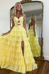 Fairytale Prom Dress With Glitter Bodice Layered Ruffle Skirt And Lace-Up Back Formal Evening Gown