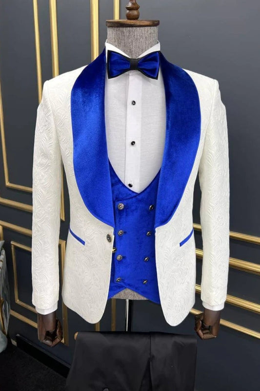 Fancy Blue Velvet Shawl Lapel 3 Piece Jacquard Wedding Suit