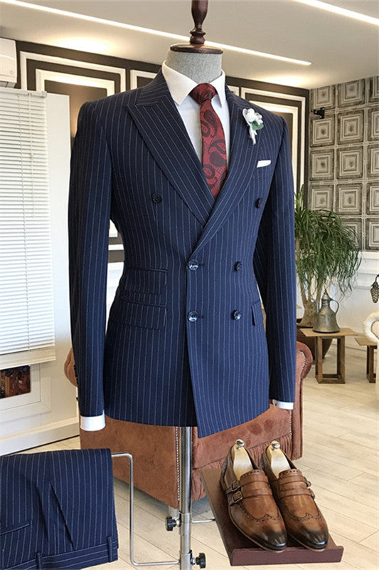 Fancy Dark Blue Peaked Lapel Double Breasted Striped Business Suit