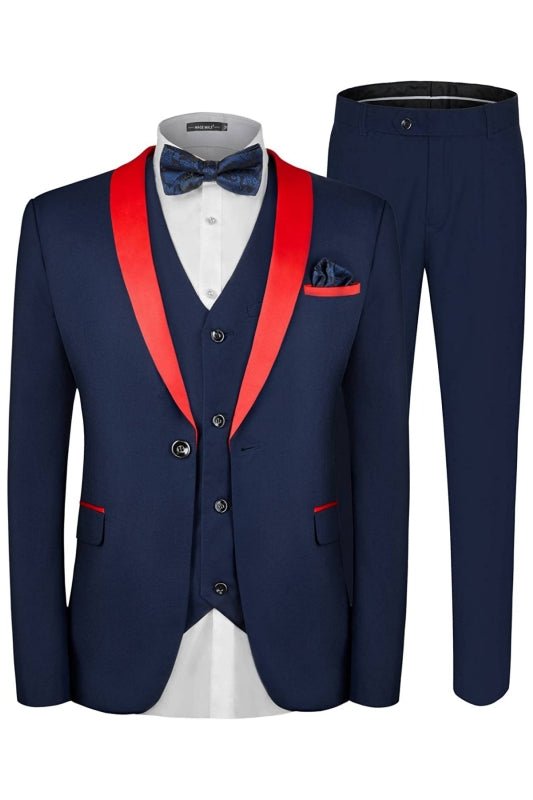 Fancy Navy Blue 3 Piece Wedding Suit with Red Shawl Lapel