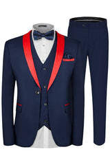 Fancy Navy Blue 3 Piece Wedding Suit with Red Shawl Lapel