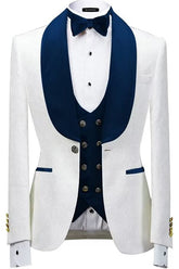 Fancy Navy Blue Shawl Lapel 3 Piece Jacquard Wedding Suit