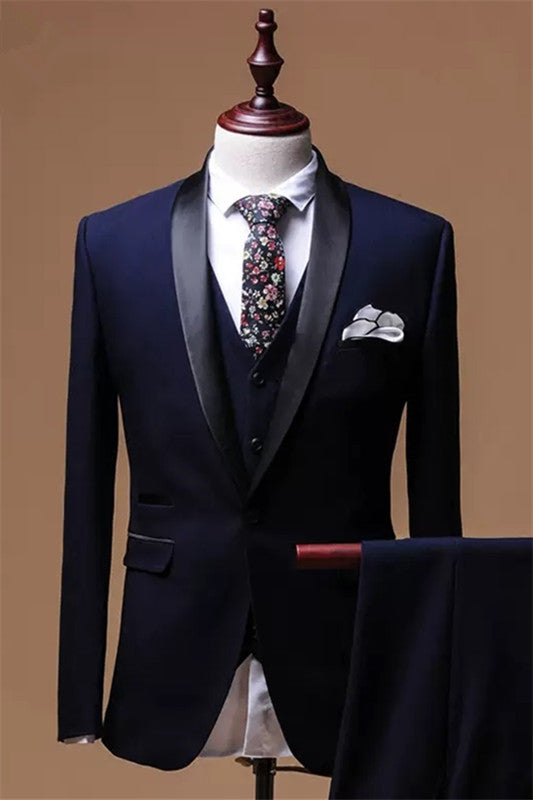 Fancy Navy Blue Shawl Lapel 3 Piece Men's Wedding Suit