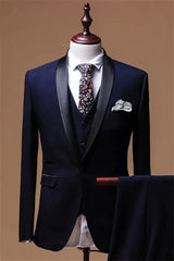 Fancy Navy Blue Shawl Lapel 3 Piece Men's Wedding Suit