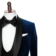 Fancy Navy Blue Shawl Lapel 3 Piece Velvet Wedding Suit