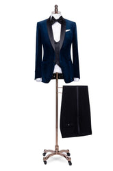 Fancy Navy Blue Shawl Lapel 3 Piece Velvet Wedding Suit