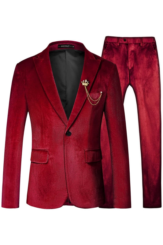 Fancy Red Velvet 2 Piece Peaked Lapel Men's Prom Suit