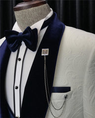 Fancy White 3 Piece Jacquard Wedding Suit with Navy Blue Shawl Lapel