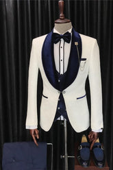 Fancy White 3 Piece Jacquard Wedding Suit with Navy Blue Shawl Lapel