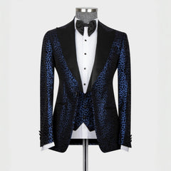 Fashion Navy Blue Jacquard Peaked Lapel 3 Piece Prom Suit