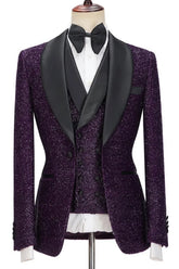 Fashion Purple Sequins Shawl Lapel 3 Piece Wedding Suit