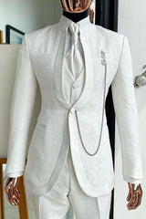 Fashion White Shawl Lapel 3 Piece Jacquard Wedding Suit