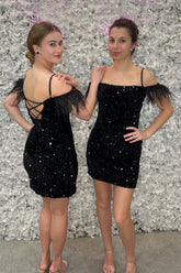 Feathered Black Homecoming Dresses Sequined Bodycon Cocktail Dresses