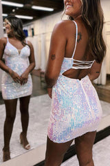 Fitted Homecoming Dress V neck Shoulder straps Sequin Short Party Cocktail Dress