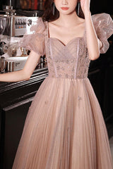 Flesh Pink Prom Dress Tulle Long Evening Dress