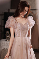 Flesh Pink Prom Dress Tulle Long Evening Dress