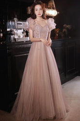 Flesh Pink Prom Dress Tulle Long Evening Dress