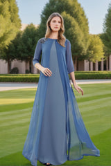 Floor-Length A-Line Mother of the Bride Dress with Jewel Neckline 3/4 Sleeves and Chiffon Cape