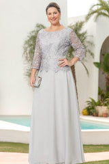 Floor-Length A-Line Princess Gown with Round Neck and 3/4 Sleeves Embellished with Applique & Sequins