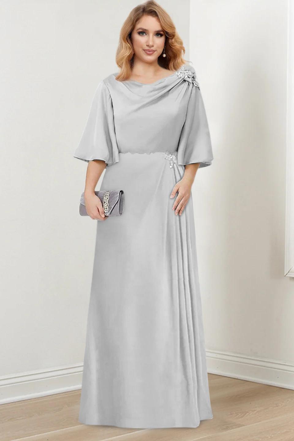 Floor-Length A-Line Princess Gown with Scoop Neck and 3/4 Ruffled Sleeves for the Mother of the Bride
