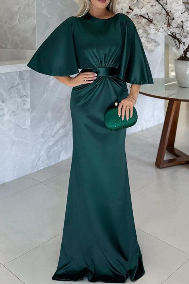 Floor-Length Belted Mother of the Bride Dress with 1/2 Sleeves and Sheath/Column Scoop Neckline