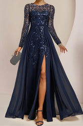Floor-Length Mother of the Bride A-Line Dress with Scoop Neck Long Sleeves Side Split Ruffles and Sequins
