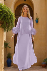 Floor-Length Mother of the Bride Dress with Cape Feathers and Jewel Neckline