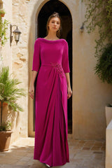 Floor-Length Mother of the Bride Dress with Cowl Neck 3/4 Sleeves Tulle Sash Slit & Jewel Appliques